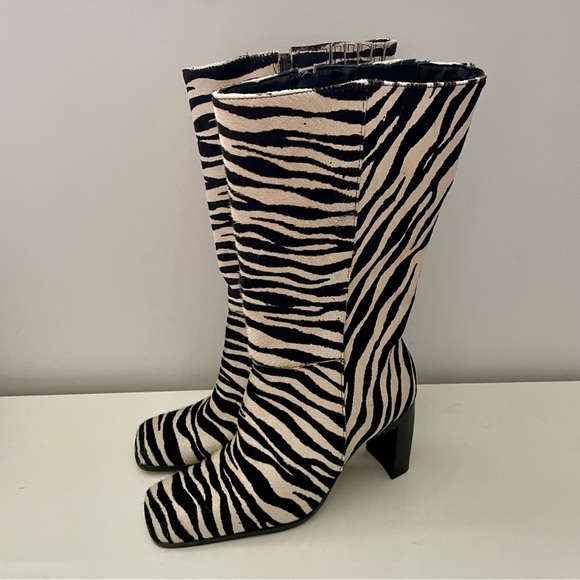 Y2K Vintage Square Toe Zebra Print Leather Boots Heels Size 6.5 Bruno Valenti - Picture 3 of 9